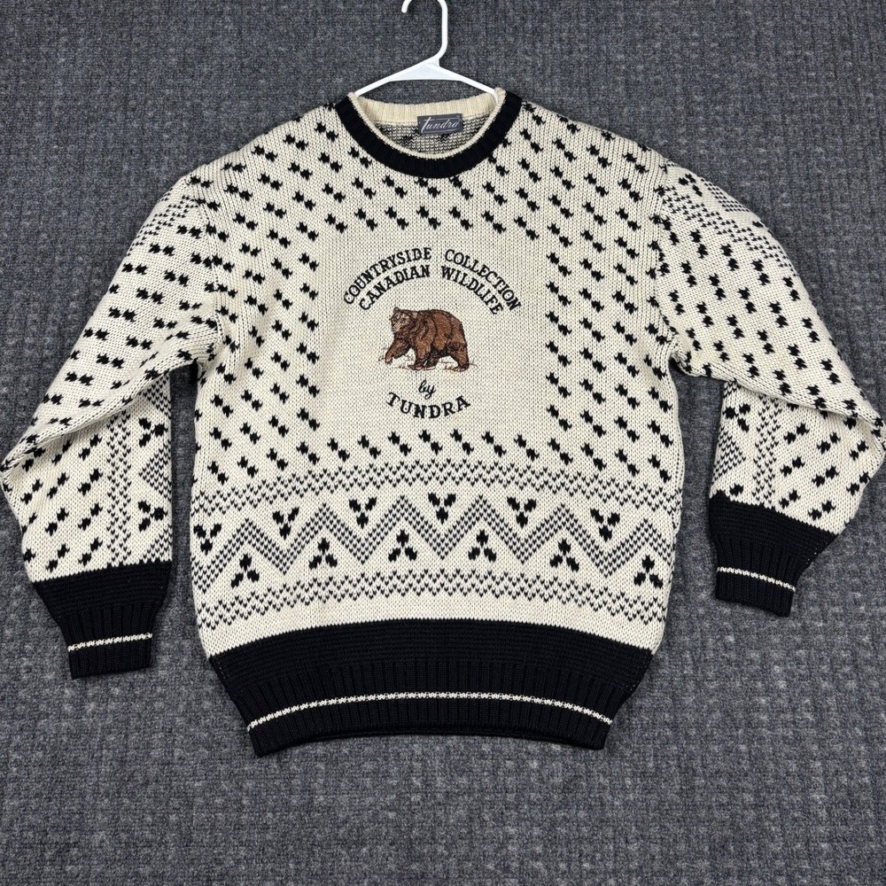 Tundra Countryside Canadian Wildlife Bear Wool Knit Vintage Sweater M Cream 90s